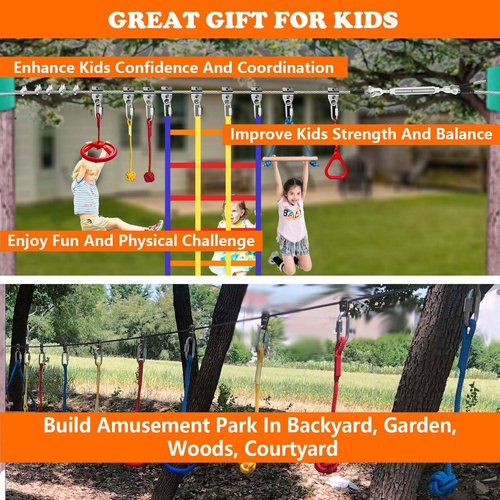 SZHTMZXC 50FT Ninja Warrior Obstacle Course for Kids Backyard Outdoor, 10 Ninja Accessories Play Set Equipment, Stainless Steel Main Rope 500lbs, Monkey Bars, Ninja Wheel, Climbing Net (50FT 10Pcs)