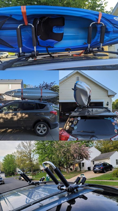 Upgraded Universal Folding Kayak Rack, J-Bar Carrier for Canoe Boat SUP Ski, Mount on Car Roof Top Crossbar, Includes 4 Ratchet Straps, 2 Anchor Straps (1 Pair, Aluminum)