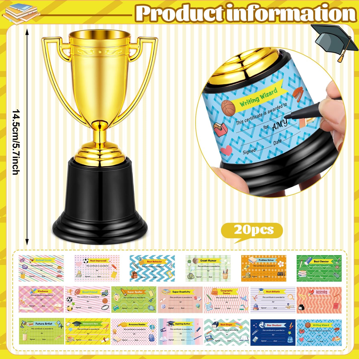 12 Pcs Bulk Mini Trophies 5.7 Inch Plastic Gold Trophy Cups with Award Certificates Stickers for Student Recognition Rewards End of Year Sports Tournament Winning Prizes Party Favor Competition Office