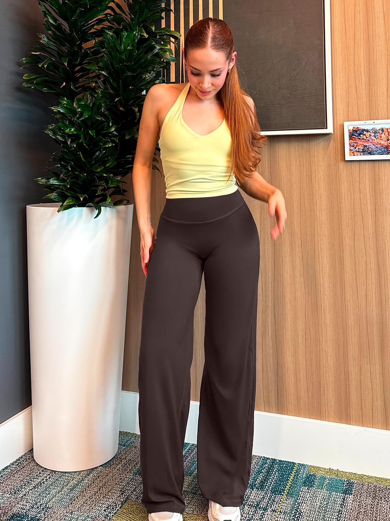 YEOREO Workout Leggings Womens No Front Seam Straight Leggings 31.5" High Waist Buttery Eddiy Gym Yoga Pants Dark Brown XL