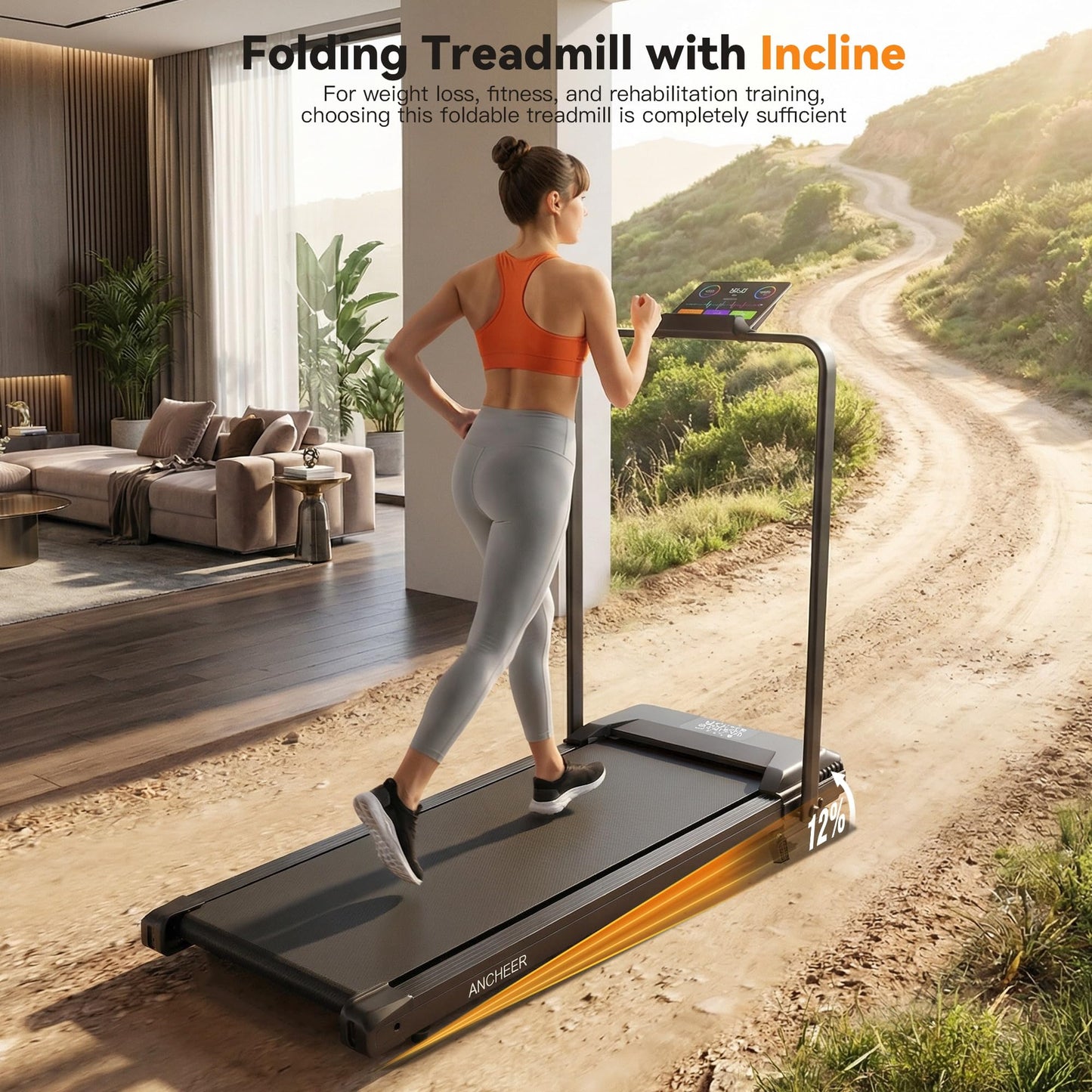 ANCHEER Treadmill with Handles, 3.0 HP Foldable Walking pad with 12% Incline, 320 lbs Capacity-Portable Under Desk Folding Treadmills for Home Small with Widened Belt/Remote Control (Classic Black3)