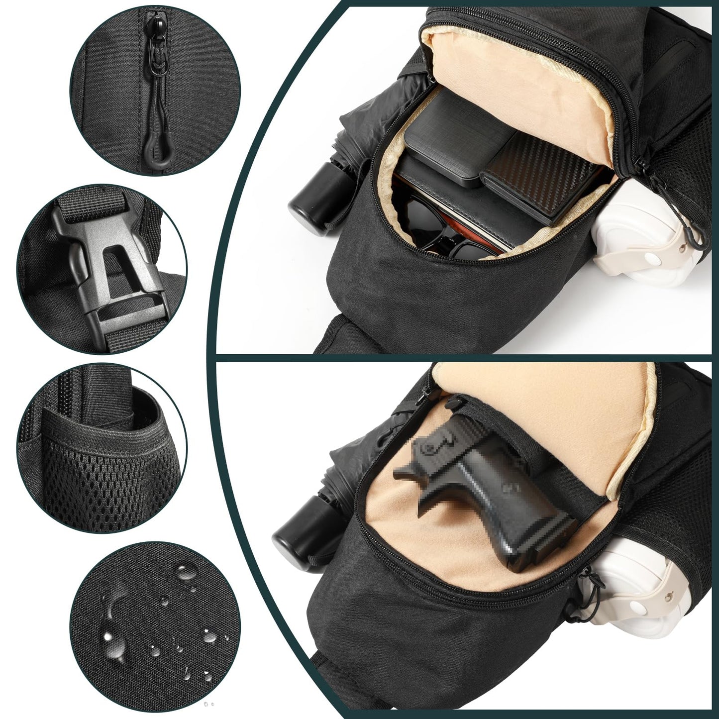 LarKoo CCW Sling Chest Bag - Tactical Crossbody Backpack for Concealed Carry with Hidden Holster Compartment | Mid-Zip Gun Pocket, Water-Resistant