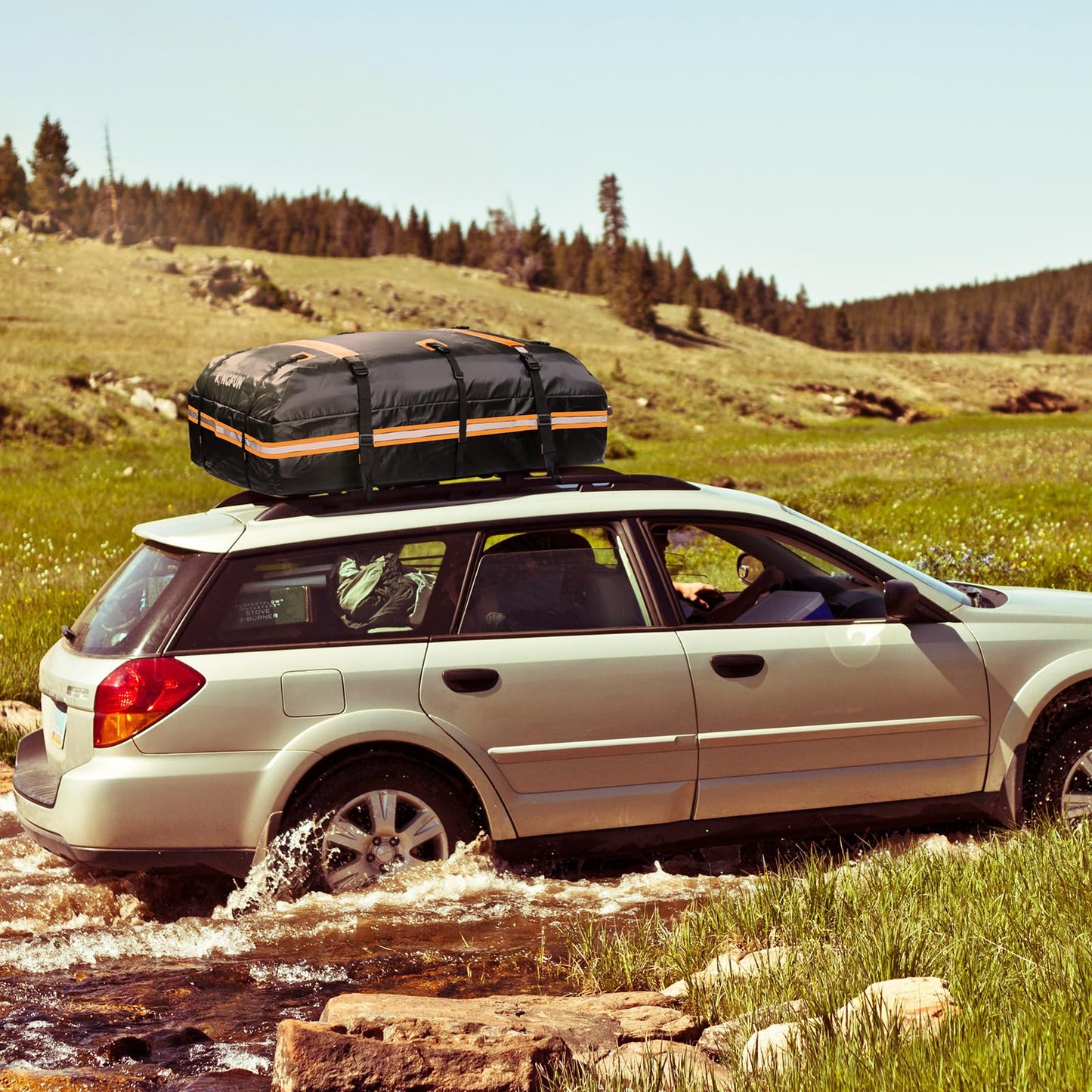 Kingfun Car Rooftop Cargo Carrier – Waterproof 15 Cubic Feet Car Roof Bag Fit All Vehicles with/Without Roof Racks, Includes Anti-Slip Mat, 8 Reinforced Straps & 6 Door Hooks, Luggage Locks