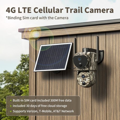 Oculview 4G LTE Cellular Trail Cameras, Dual Lens Security Camera Built-in SIM Card, 2K 360°View Live Video Game Camera, No-Glow IR Night Vision, Motion Activated, Solar Powered, Remote Phone Access