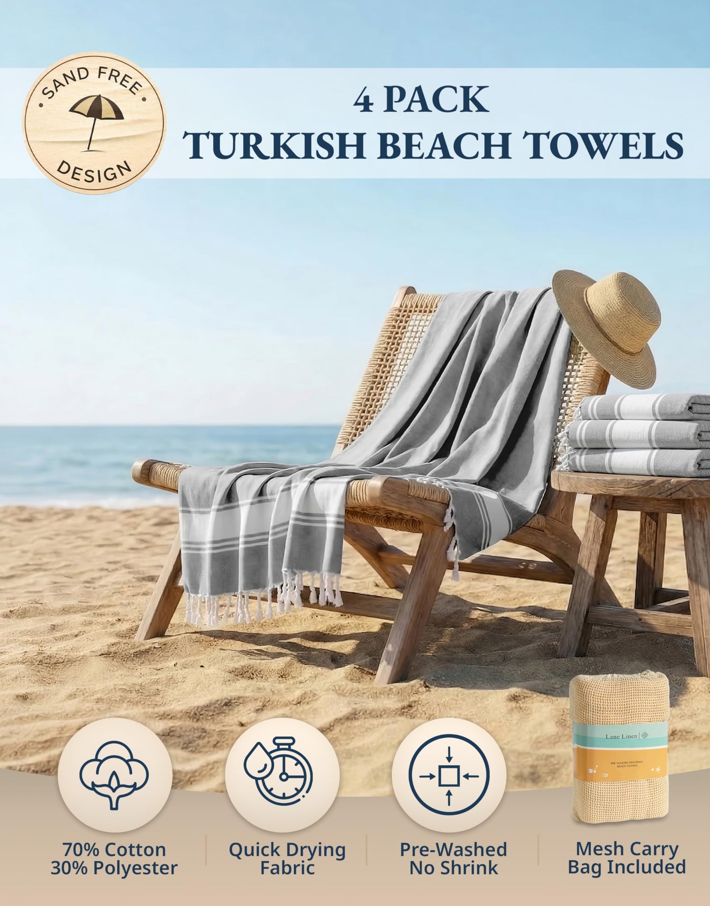 LANE LINEN Turkish Beach Towels Set of 4 - Oversized Beach Towel 39"x71", Durable Sand Proof Towel, Absorbent & Quick Dry, Perfect for Pool or Travel – Alloy