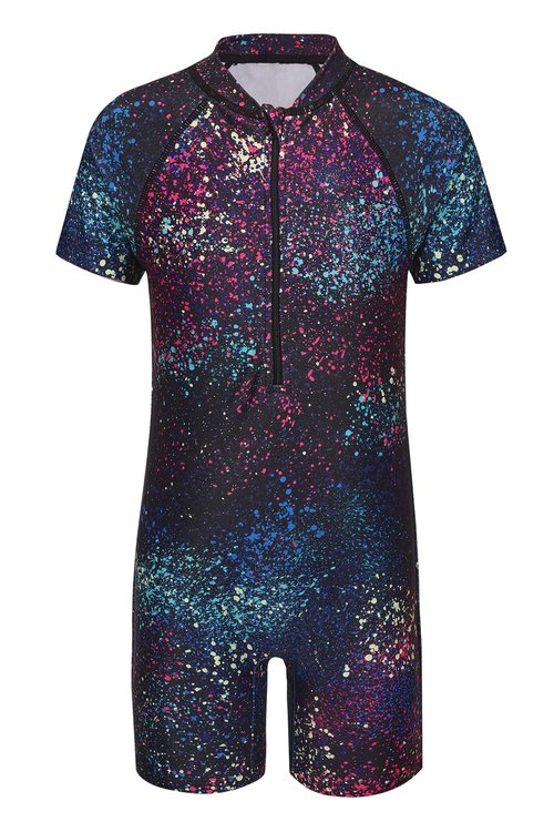 Big Girls One Piece Rash Guard Swimsuits for Kids UPF 50+ Sun Protection Short Sleeve Swim Shirt Black Gradient Splash Size 16/14-16 Years