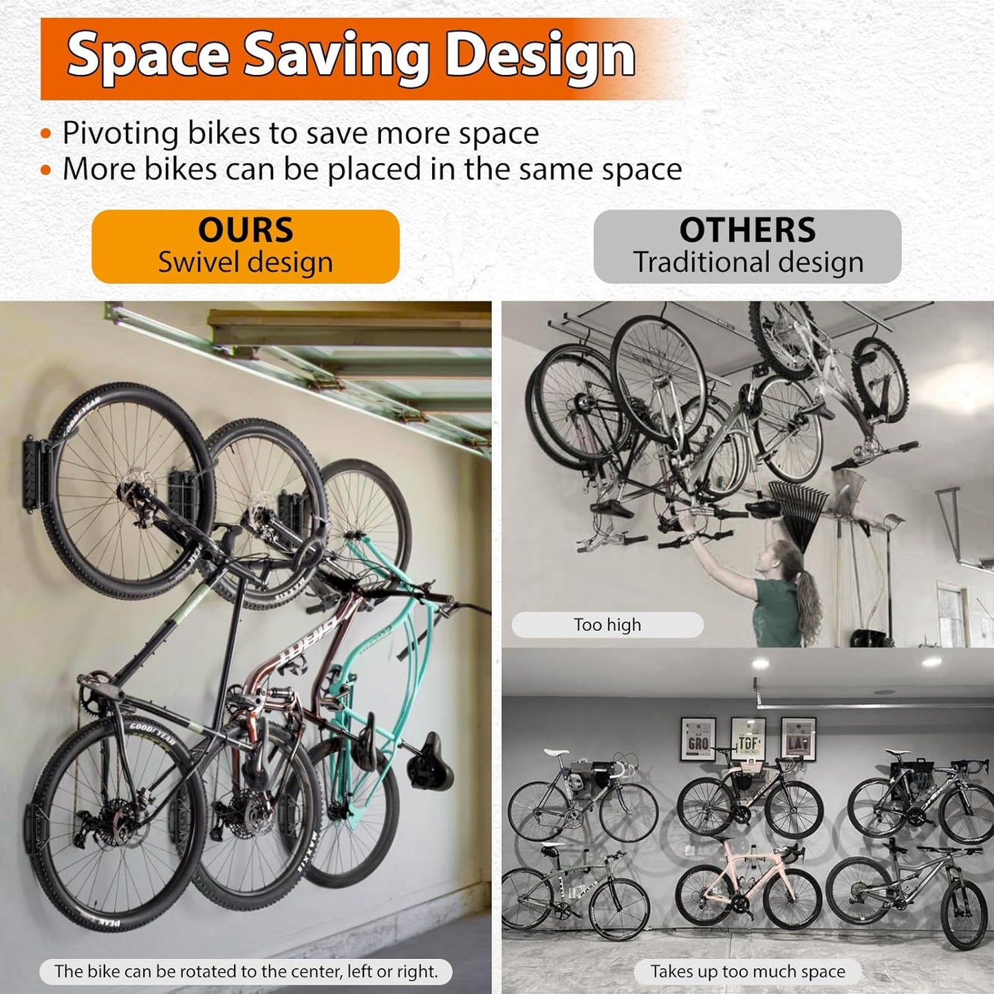 Hycline Swivel Bike Wall Mount: Bicycle Rack for Garage Organizer - Space-saving Wall Mounted Vertical Bike Hook Hanger - Heavy-duty Sturdy Storage Bike Rack for Home & Indoor - 2PCS