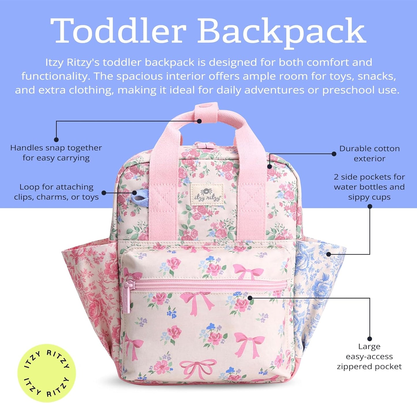 Itzy Ritzy Toddler Backpack - Daycare Bag - Features Adjustable Shoulder Straps, 2 Side Pockets & Spacious Interior with Wipeable Fabric Lining & Name Label, Strawberry Backpack