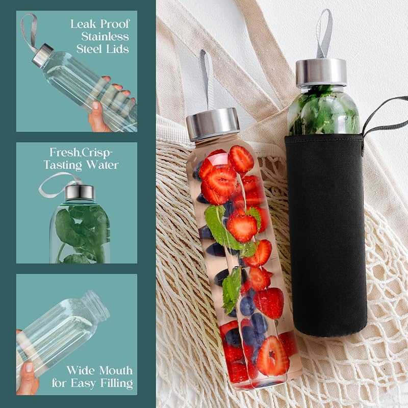 Glass Water Bottles 24oz Pack of 12 with Nylon Protective Sleeves & Airtight Screw Tops