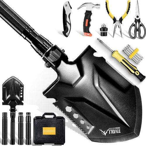 Tivoli Folding Camping Shovel Kit,Multifunctional Survival Shovel with Manganese Steel for Outdoor Off Road, Home Repair,Beach,Car Emergency. Camping Kit with Storage Case,Ideal Gift