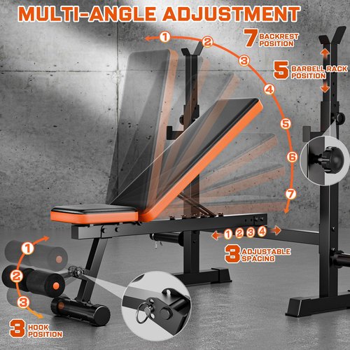 Fostoy Weight Bench Set, 770lbs Bench Press Rack, Adjustable Weight Benches for Home Gym, Olympic Workout Bench for Full Body Fitness, Flat Incline Bench With Removable Foot Catch
