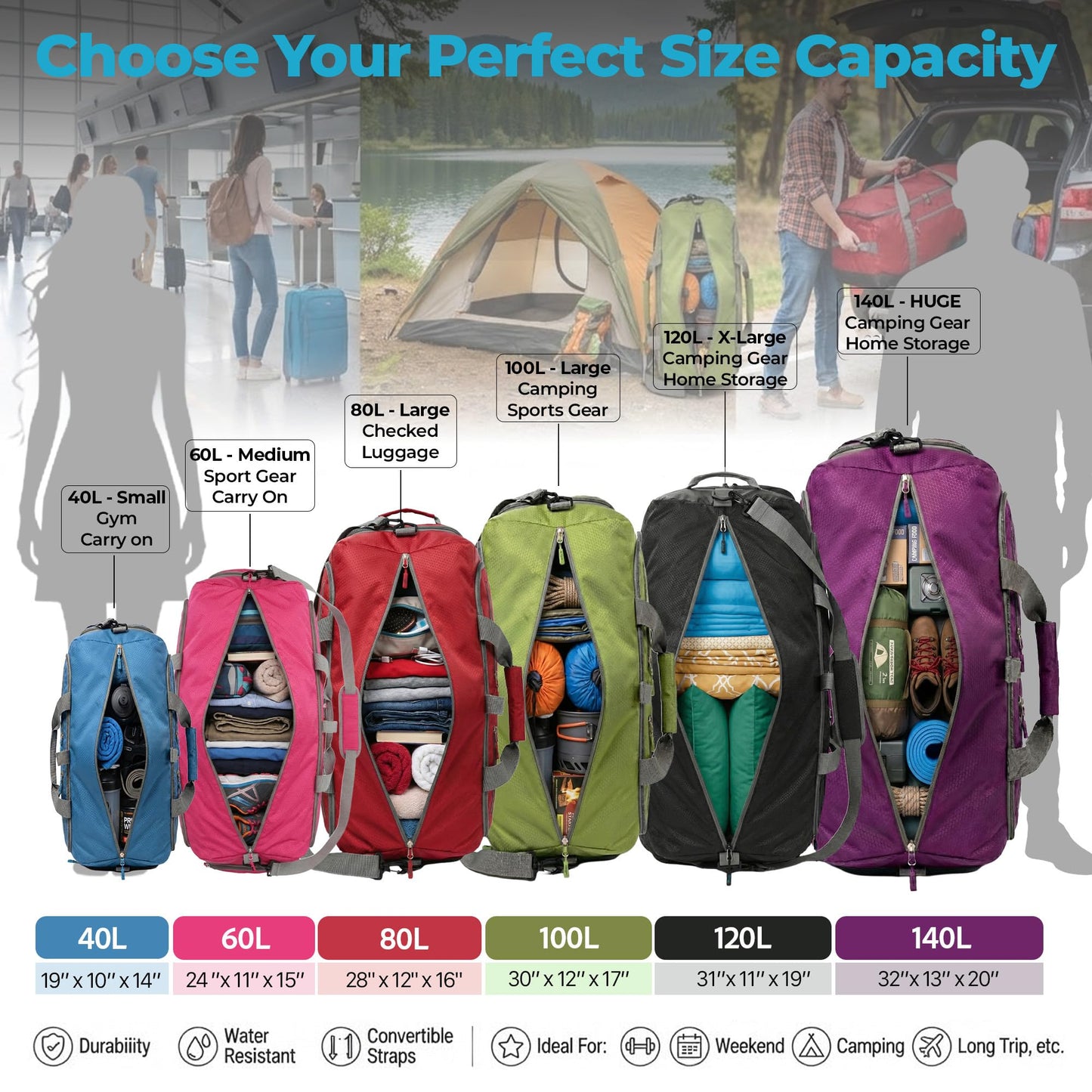Bago Compact Duffle Bag for Travel Women & Men. Durable Lightweight Foldable Travel Duffel Bags For Traveling Women. 40L Duffle Bags a Reliable Weekender duffel or Overnight Bag With Shoe Compartment