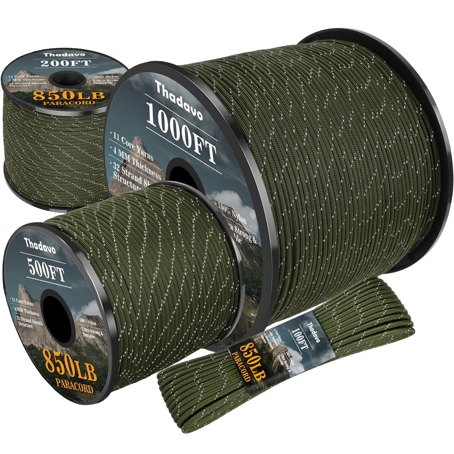 Thadavo Reflective Paracord Rope 850Ib, 50/100/200/500/1000ft 4MM 11 Strand Parachute Cords, Tactical Paracord String for Camping, Fishing, Clothesline, Hammock, Survival Bracelet, Army Green 200FT