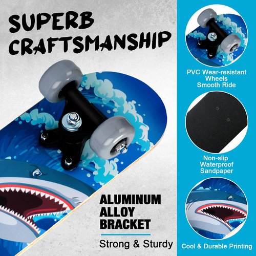 Honoson 7 Pcs Skateboard for Toddlers Beginners Knee Elbow Pads Wrist Guards Gear Set (Shark, Age 2-5 Kids 17 x 5'')
