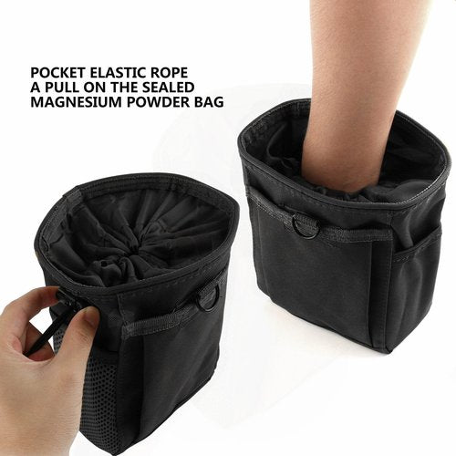 Drawstring Highend Rock Climbing Chalk Bag Carabiner Diferent Pockets for Climbing Bouldering, Gymnastics, Gym Pouch, Cross Fit and Lifting to Securely Hold Phones and Valuables (Black)
