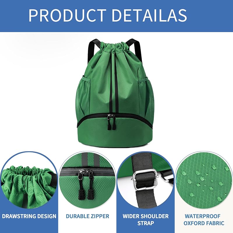 Drawstring Gym Backpack with Shoes Pocket - Dark Green, Large