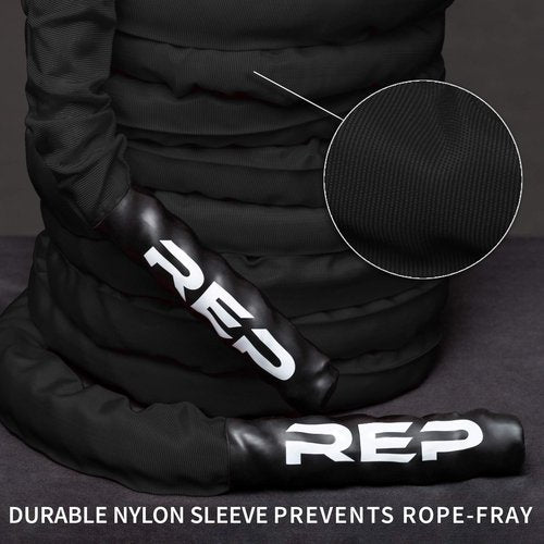 REP Battle Ropes - PolyDacron Battle Rope for Strength and Conditioning Workouts – 1.5" and 2" Diameter, 30ft, 40ft, 50ft Lengths with Optional Cover Sleeve (Black, 1.5 inch x 30 ft)