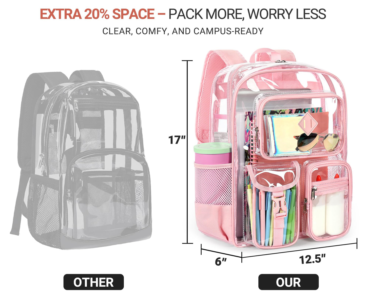 ZORFIN 17 Inch Clear Backpack, Large Transparent Bookbag with Reinforced Straps for School College Work