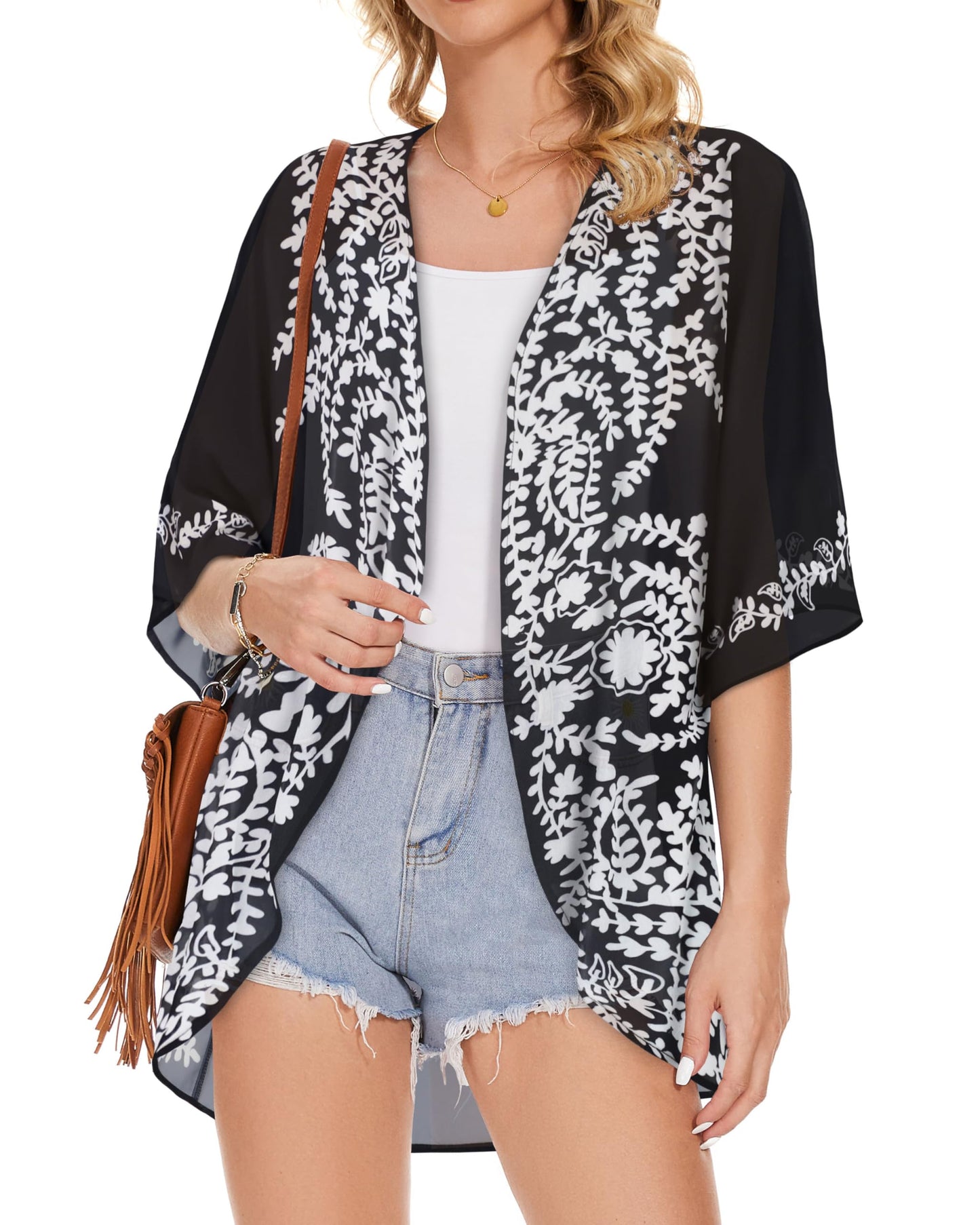 Womens Floral Kimono Cardigans Beach Cover Tops Loose Puff Sleeve Casual Blouse (C Black Flower, 3XL)