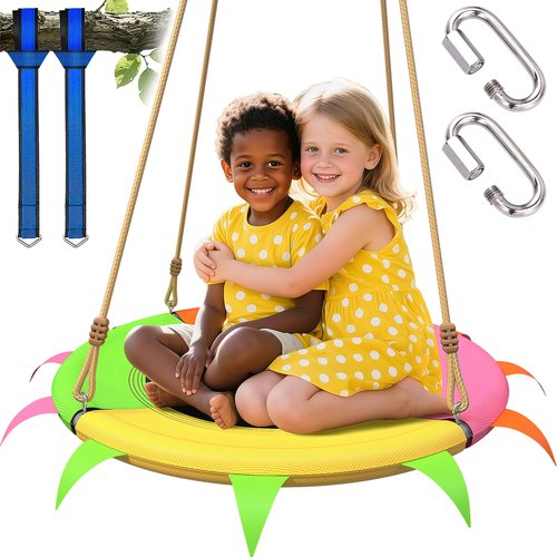 Saucer Swing for Kids Outdoor - 400lb Heavy-Duty Tree Swing with Adjustable Straps & Ropes, Weather-Resistant Outdoor Seat (Child-Safe, Vibrant Colors)