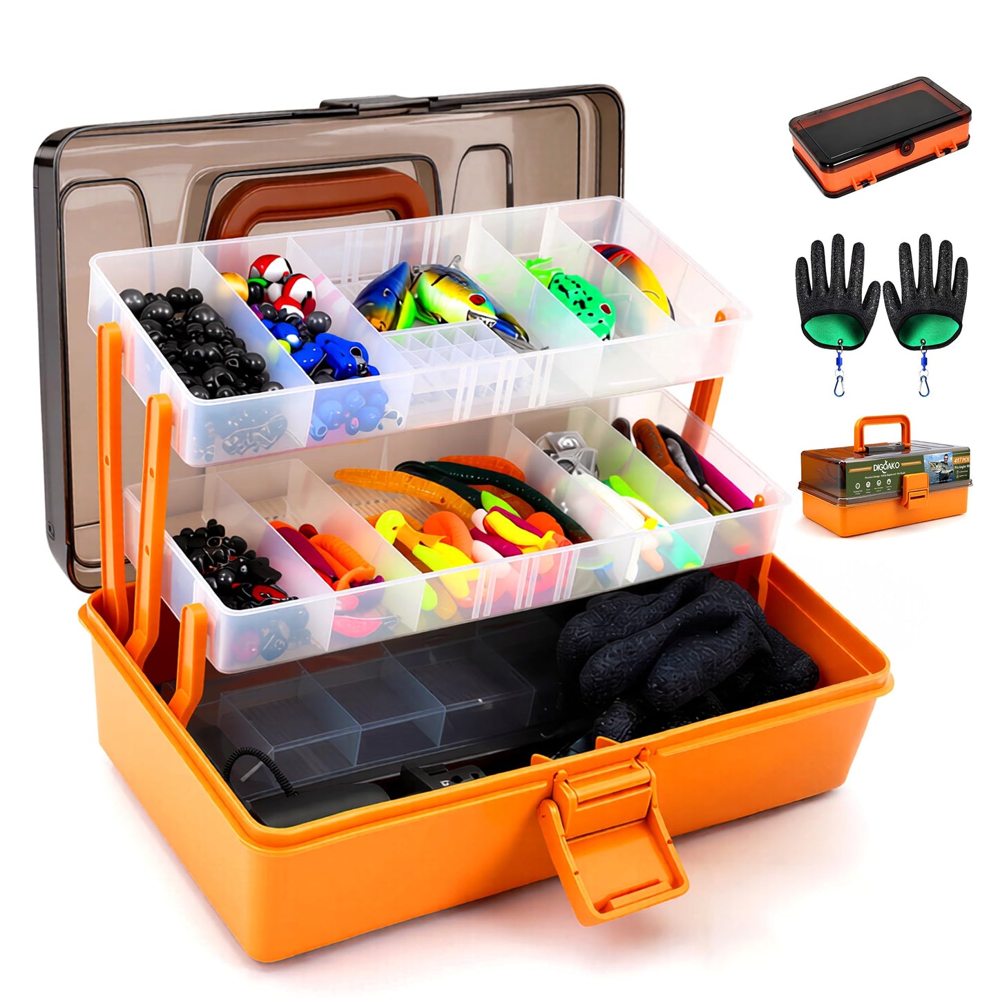 Large 3-Layer Tackle Box with Tackle Included, 417Pcs Fishing Lures Kit with Bonus Small 2-Sided Box & Gloves, Pliers, Crankbait, Hooks, Freshwater Bass Fishing Gear Gift for Men & Kids