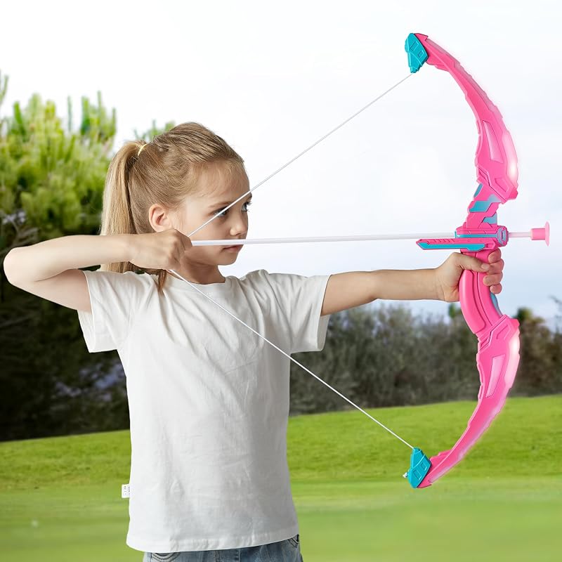 Pink Bow and Arrow Set for Girls with LED Light-Up Bow, 9 Suction Arrows, Target & Case – Indoor/Outdoor Play (Variation: Pink)