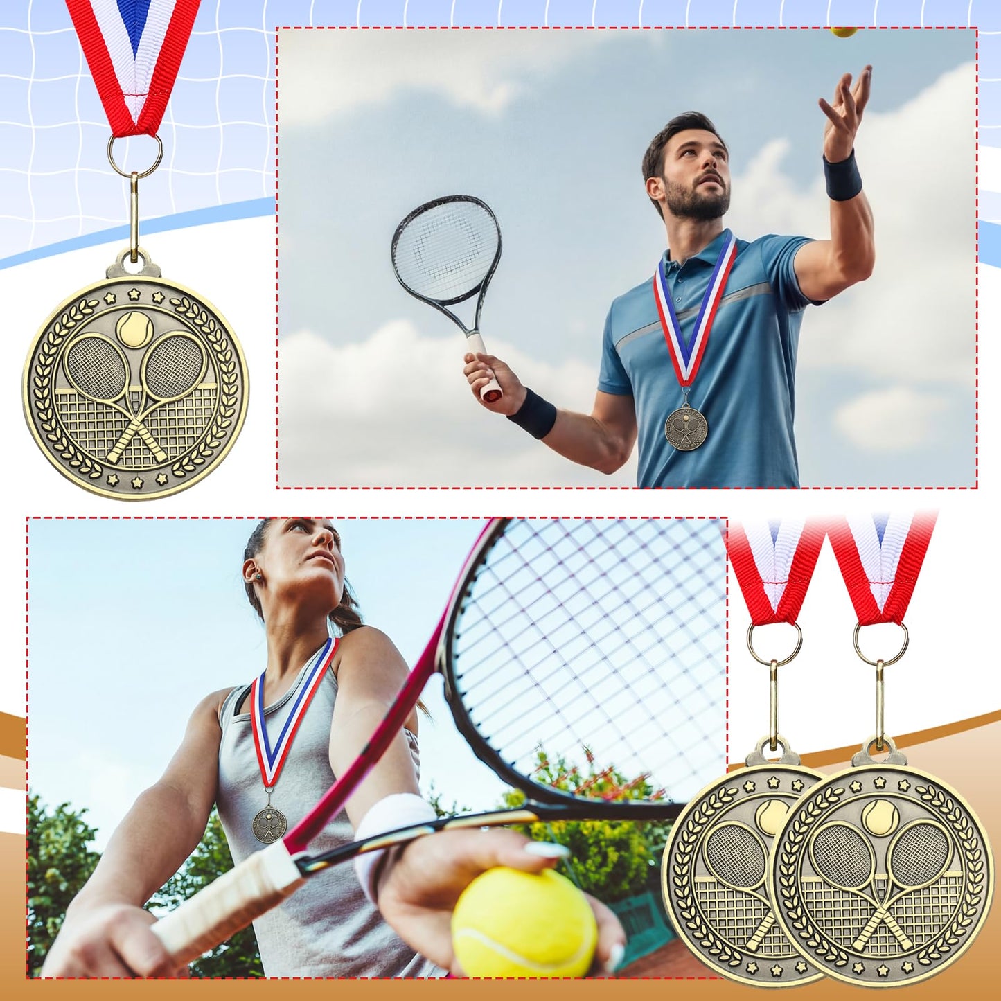 Remuuly 12 Pcs 2'' Gold Award Medals with Neck Ribbons Metal Champion Trophy Medal for Baseball Softball Soccer Volleyball Football Sports Games Events Party Prize Player Team Winner Gift(Tennis)