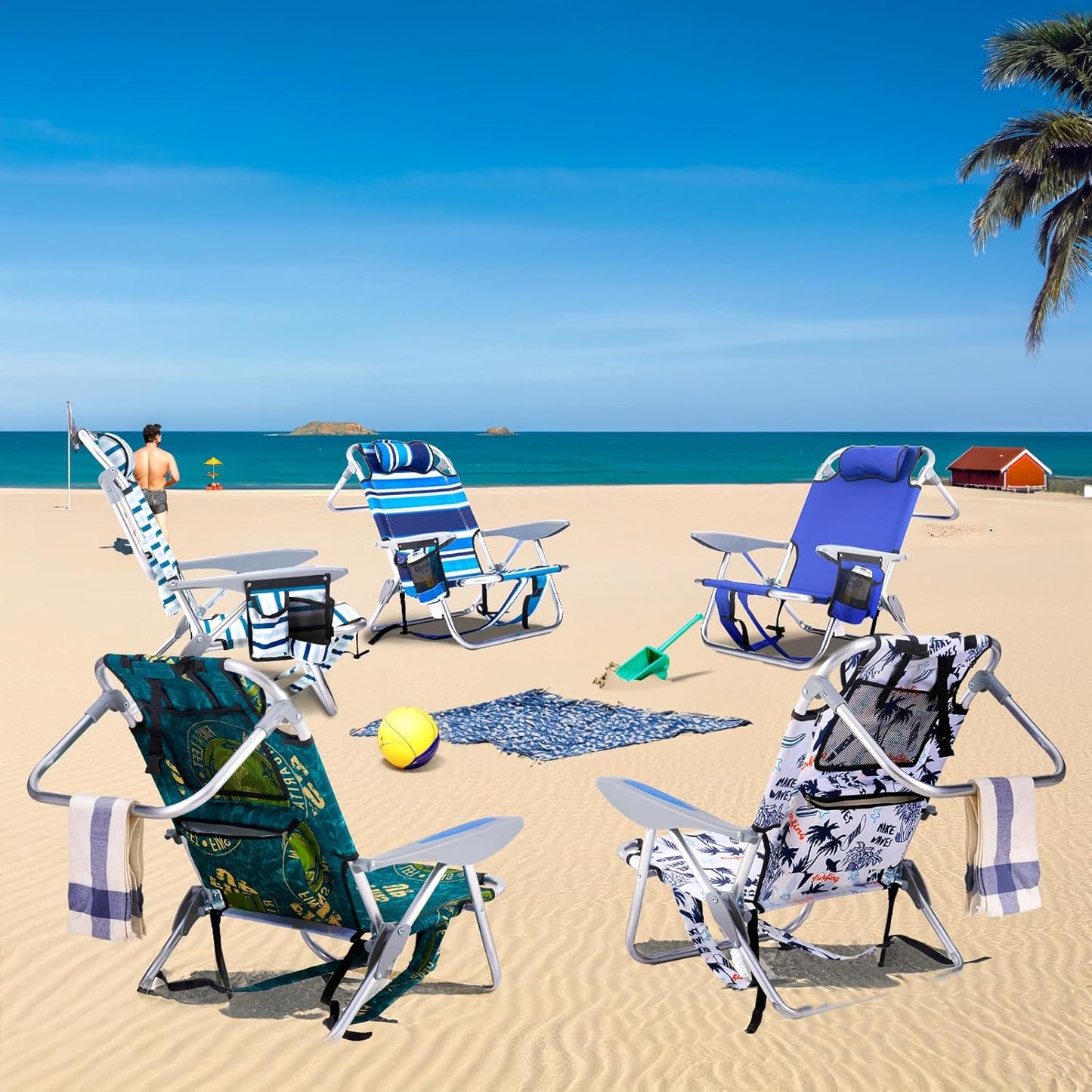 2 Pack Lightweight Portable Camping Beach Chair for Adults, Outdoor Lay Flat Folding Beach Chairs with 5 Positions, Backpack Beach Chair with Towel Bar, Zipper Pouch, Cup Holder, Ocean Striped