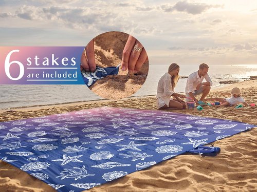 WEKAPO Beach Blanket Waterproof Sandproof & Sand-Free Beach Mat with Stakes & Built-in Storage Bag – Oversized, Extra Large, Perfect for Outdoor (Deep Blue Sea Shells, 11 X 9 FT (1~10 Person))