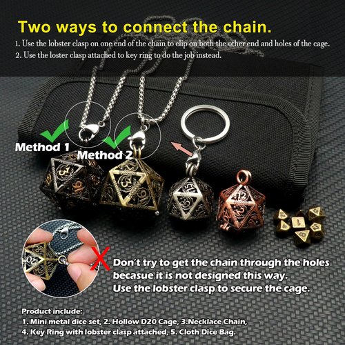 Haxtec Mini Metal DND Dice Set with Hollow Necklace Dice Case Antique Tiny Metal Dice Set D&D Keychain Portable 7PCS Dice Set