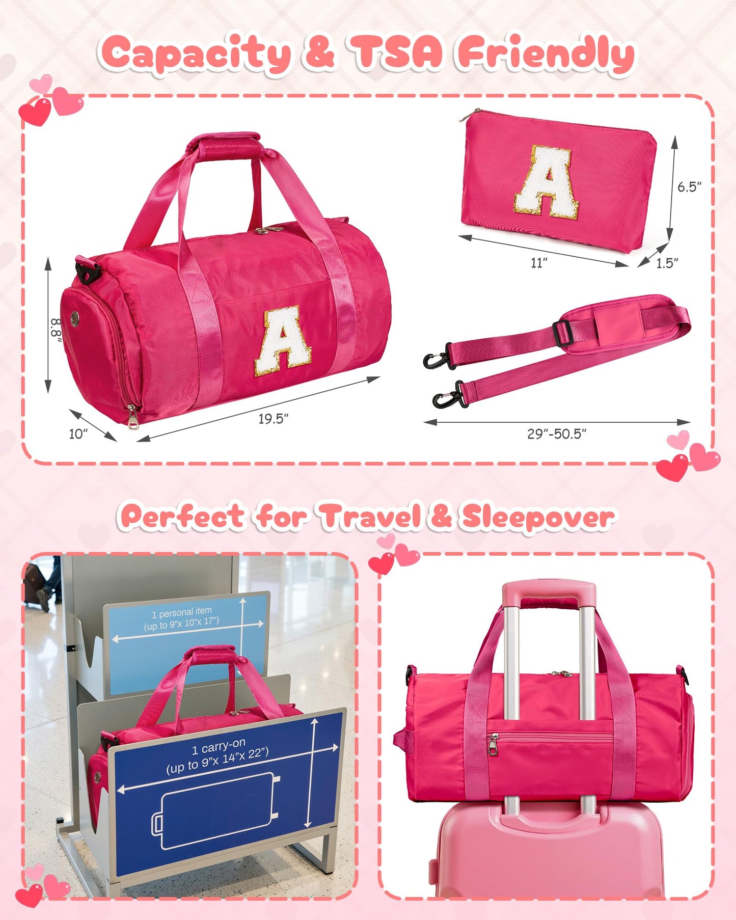 Vogewood Cheer Gifts, Girls Travel Duffle Bag with Makeup Pouch, Initial Kids Overnight Weekend Bag with Shoe Compartment, Personalized Birthday Gift for Daughter (Letter E)