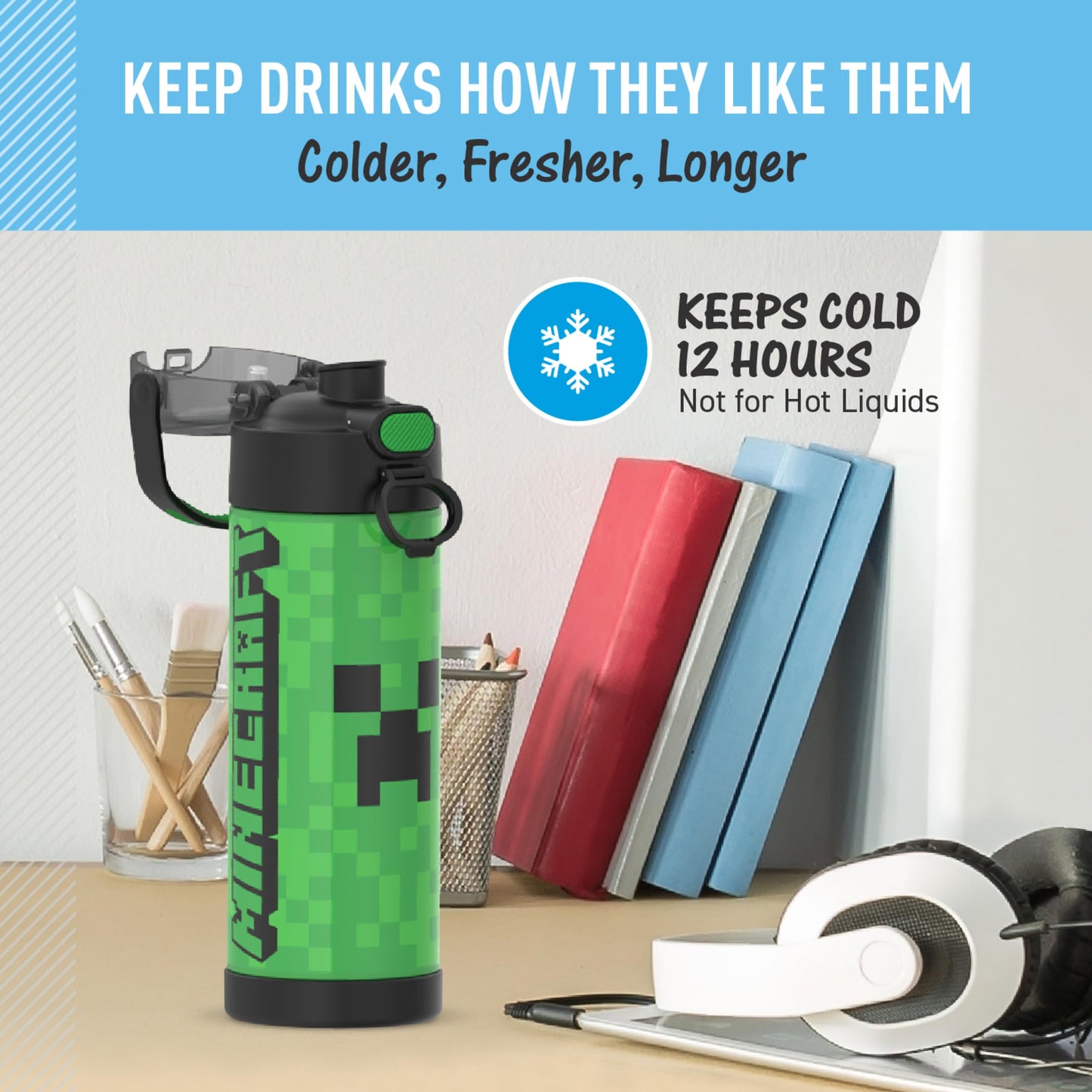 THERMOS FUNTAINER 16 Ounce Stainless Steel Vacuum Insulated Bottle with Wide Spout Lid,MINECRAFT,(Pack of 6)