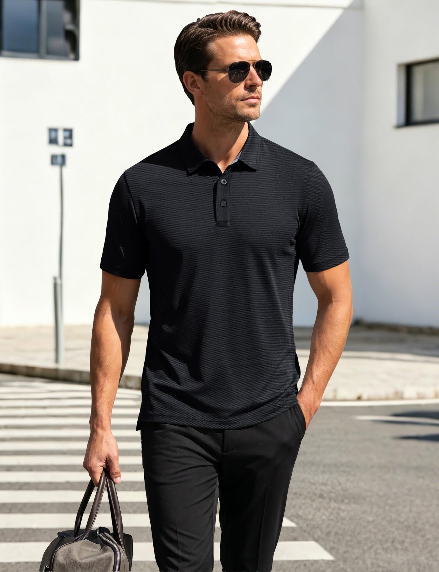 MAGCOMSEN Black Polo Shirts for Men Short Sleeve Performance Moisture Wicking Golf Polos Athletic Work Casual Plain Collared Shirt