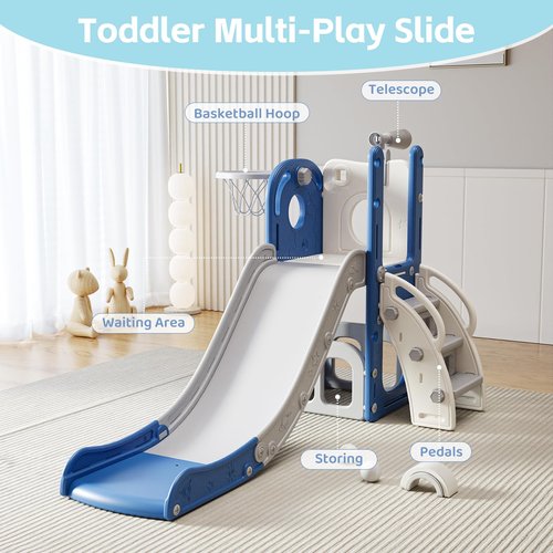 CuFun Toddler Slide Kids Climber Slides Baby Slider for Toddler Age 1-3,L Shaped Indoor Outdoor Playground Playset with Basketball Hoop, Storage, Telescope Toy Easy Assembly Gift for Boys and Girls