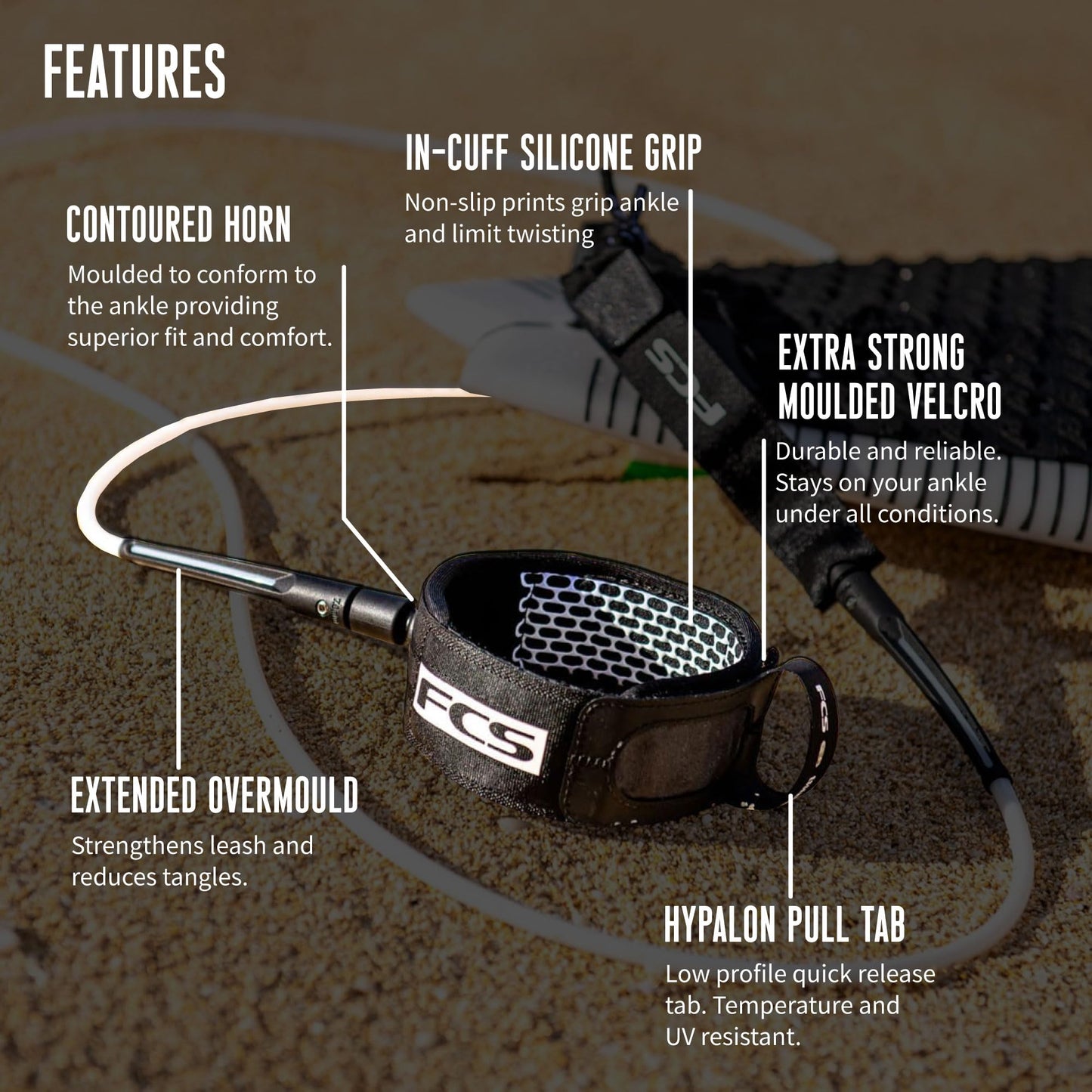 FCS 6' All Round Essential Surfboard Leash - Black | Lightweight & Durable 6ft Surf Leash for 2-8ft Waves, in-Cuff Silicone Grip, Comfortable and Supportive Ankle Strap, Easy-Release Tab