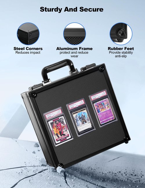 banloga Graded Card Storage Box for PSA with TSA Lock, Aluminum Alloy Trading Card Case with Display Window, Slab Case with 8 Removable Dividers for CGS, BGS, Toploaders and Sports Cards (Black)