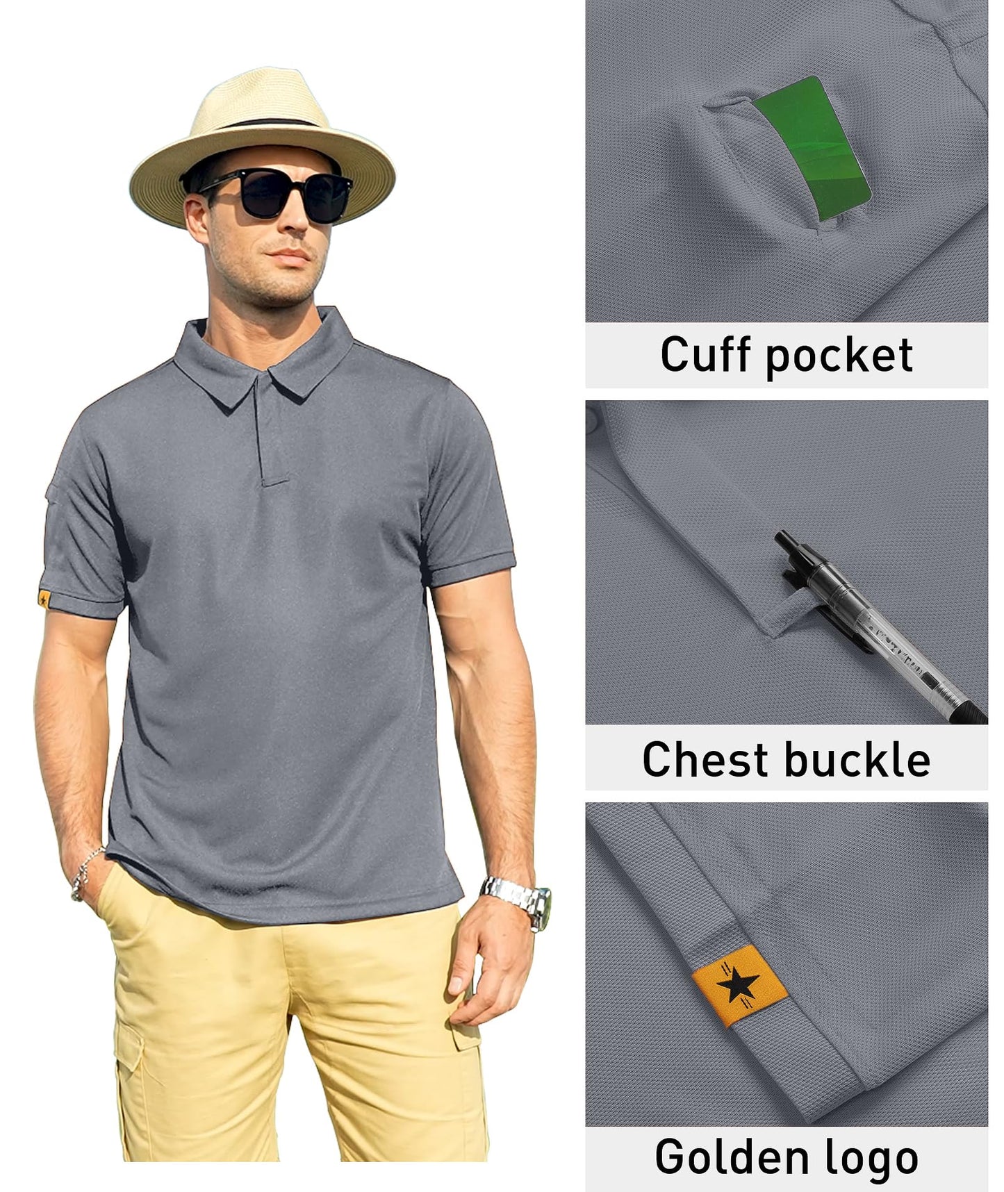 ZITY Mens Polo Shirt Short Sleeve Sports Tactical T-Shirt Athletic Golf Polos Daily Casual Stylish Collared Shirts for Men Light Grey XX-Large