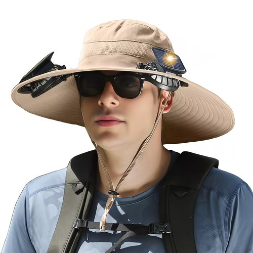 Wide Brim Solar Fan Hat for Men Women- UPF 50+ Sun Bucket Hat with 2 Built-in Solar Powered Fans for Fishing, Hiking & Beach (US, Alpha, One Size, Petite Plus Size, Khaki)