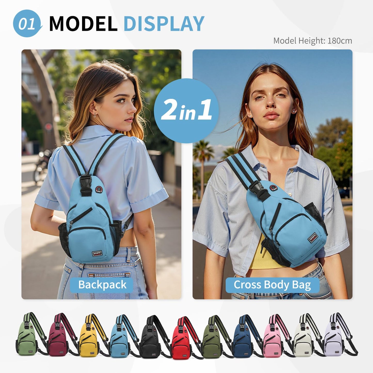 SUIKIHUM Convertible Sling Bags for Women Men, Lightweight Crossbody Backpack Daypack Fit for 7.9" Tablet for Casual Travel Sport Hiking (Blue)
