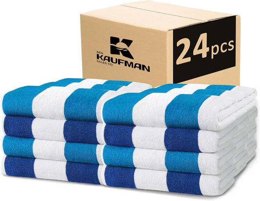 Kaufman - Large Beach Towels | 30" x 60" Terry Cabana Striped | Absorbent, Quick-Drying | 100% Cotton Thick Beach Towels (Blue & Turquoise) (2-Pack)
