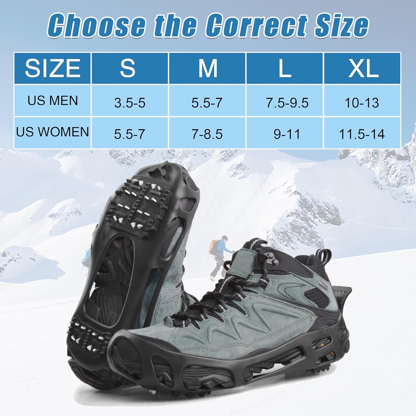 Ice Cleats Snow Traction Cleats Crampon for Walking on Snow and Ice Non-Slip Overshoe Rubber Anti Slip Crampons Slip-on Stretch Footwear