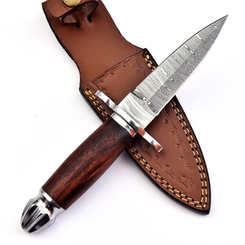 FBcrafts Handmade Damascus Dagger - Double Edge Knife, 8.5 in Edc Fixed Blade for Hunting Wood Handle Leather Sheath