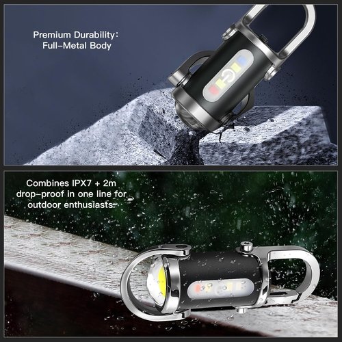 BudaTao Emergency PowerBank Keychain Flashlight（3 in 1）, Rechargeable 500 Lumens EDC Tool with Red/Blue Strobe, 1000mAh USB-C Charging, IPX7 Waterproof, Portable Flashlight for Emergencies