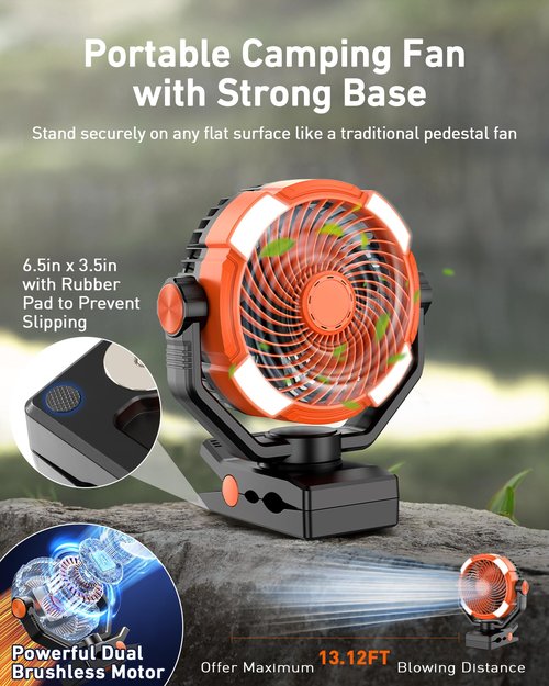 DUKUSEEK Clip Fan with LED Lantern, 20000mAh Rechargeable Clamp Fan, 360° Rotation USB Personal Fans with Hanging Hook, 9in Portable Camping Fan for Bed, Car, Bedroom, Outdoor