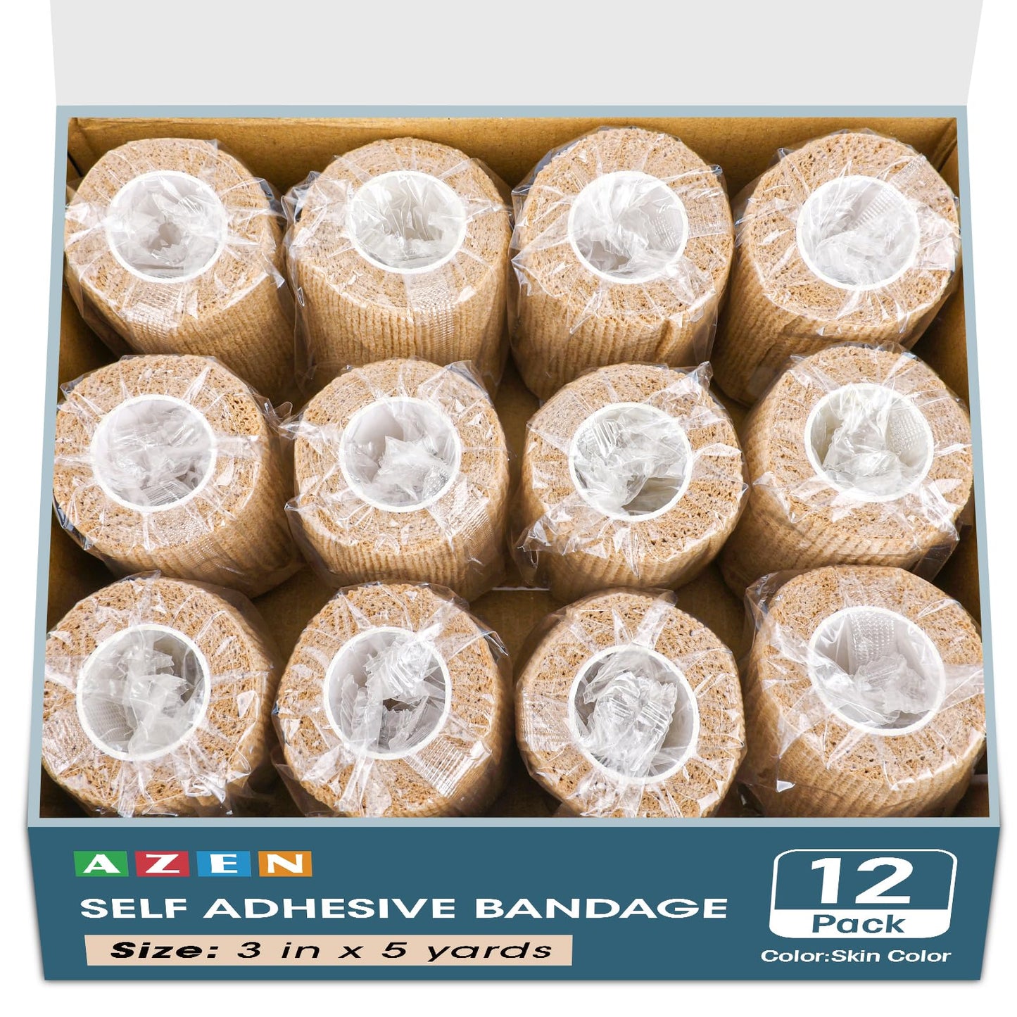 AZEN 12 Pack Self Adhesive Bandage Wrap, 3" X 5 Yards Elastic Cohesive Bandage Wrap, Vet Wrap, Ankle Tape, Tattoo Grip Tape Wrap, Skin Color Athletic Tape