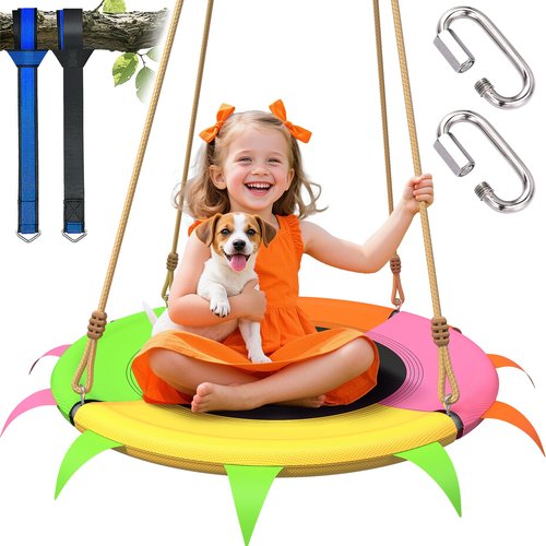 Saucer Swing for Kids Outdoor - 400lb Heavy-Duty Tree Swing with Adjustable Straps & Ropes, Weather-Resistant Outdoor Seat (Child-Safe, Vibrant Colors)