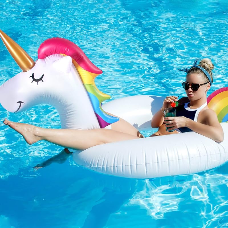 2 Pack Large Inflatable Pool Floats - Flamingo & Unicorn plus Beach Balls, Adult Sized 57x42x36in & 46x42x39in