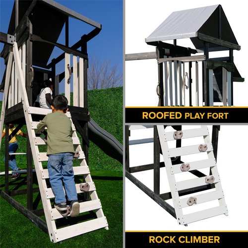 Sportspower Roswell Wooden Swing Set: Play Fort, Bench with Table, Sandbox, Trapeze, and 8' Slide - Black, Green and White