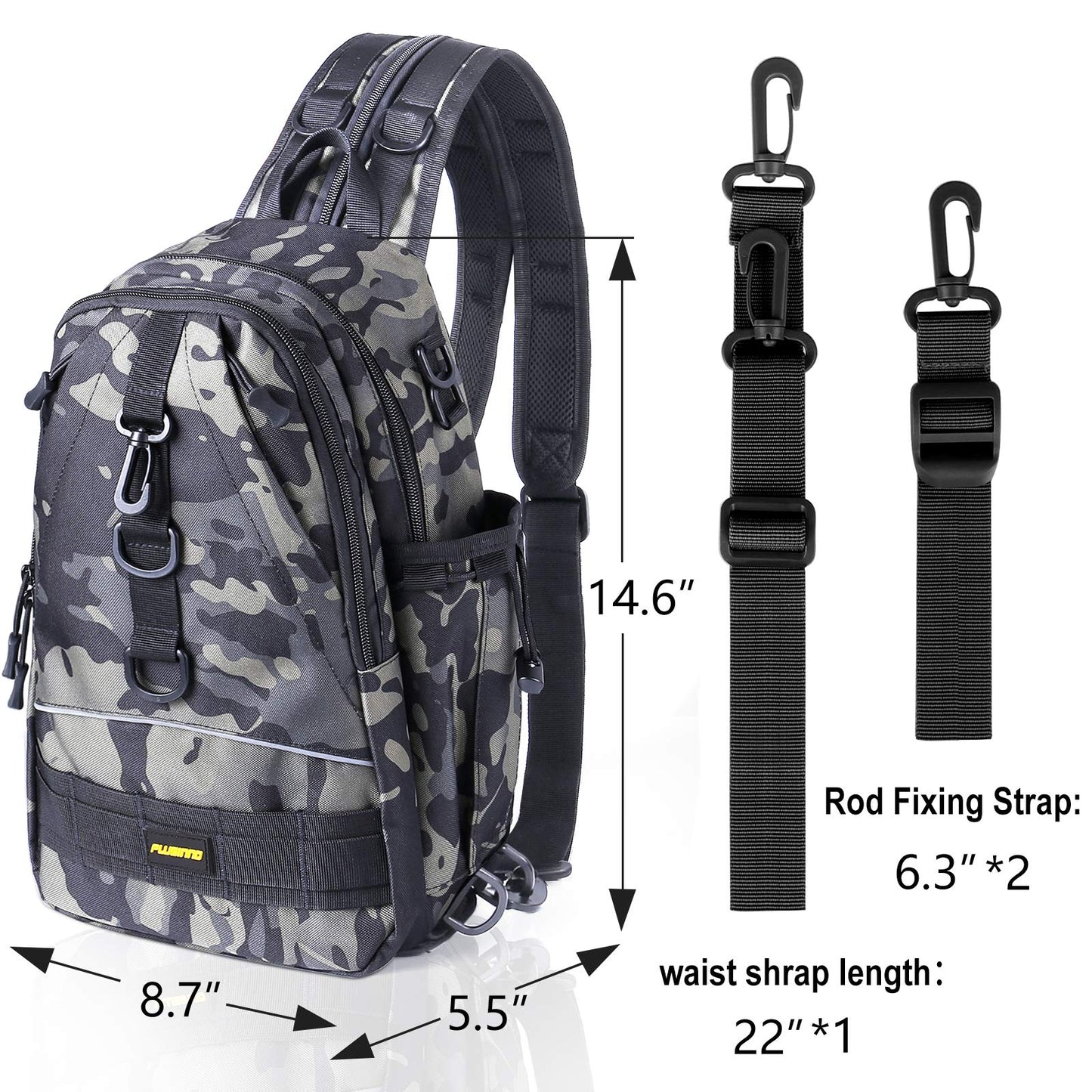 PLUSINNO Fishing Tackle Backpack Storage Bag，Outdoor Shoulder Backpack，Fishing Gear Bag，Water-Resistant Fishing Backpack with Rod Holder (Standard(14.6*8.7*5.5 inch)-Black CP)
