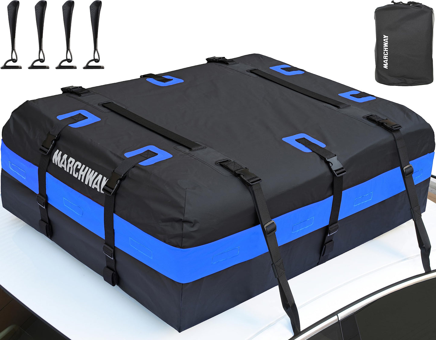 MARCHWAY Waterproof Car Roof Luggage Bag, Weatherproof Soft Shell Rooftop Cargo Carrier Bag for Vehicles with or Without Rack. 6 Door Hooks, Anti Slip Mat, Lock Included (21 Cubic Feet, Blue)